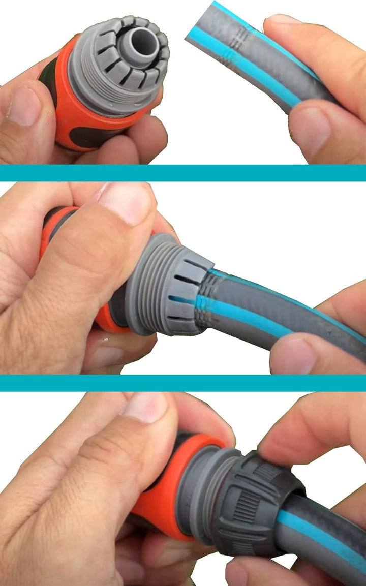 Hands fitting Gardena 19 mm (3/4") hose connector with textured orange grip