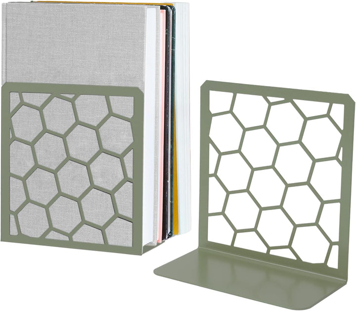 Sage green honeycomb metal bookends with open hexagon pattern and flat base.