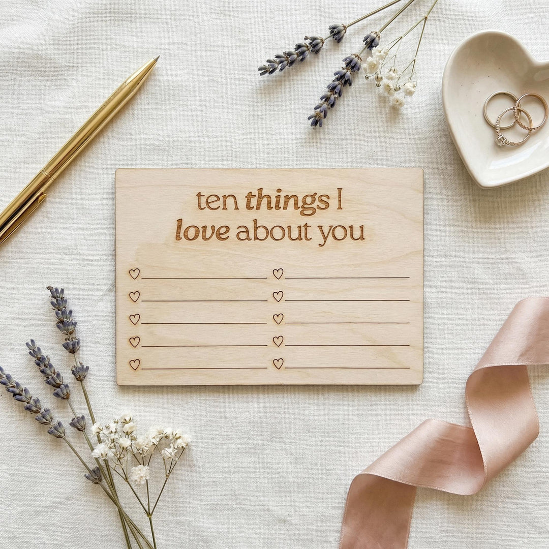 Engraved wooden love note card reading &