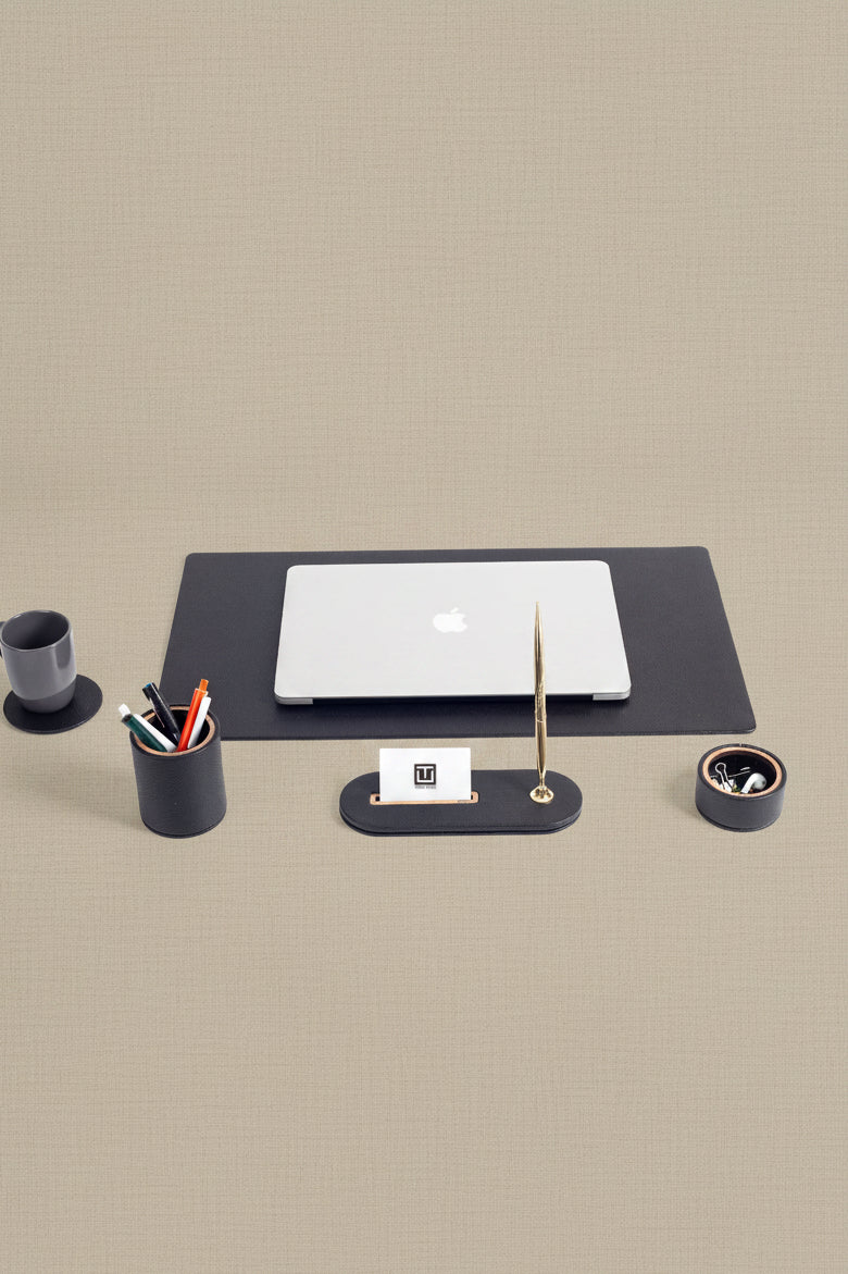 Polo Plus Leather Desktop Set Black 5 Pieces Wooden Detailed
