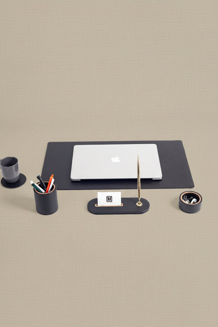 Polo Plus Leather Desktop Set Black 5 Pieces Wooden Detailed