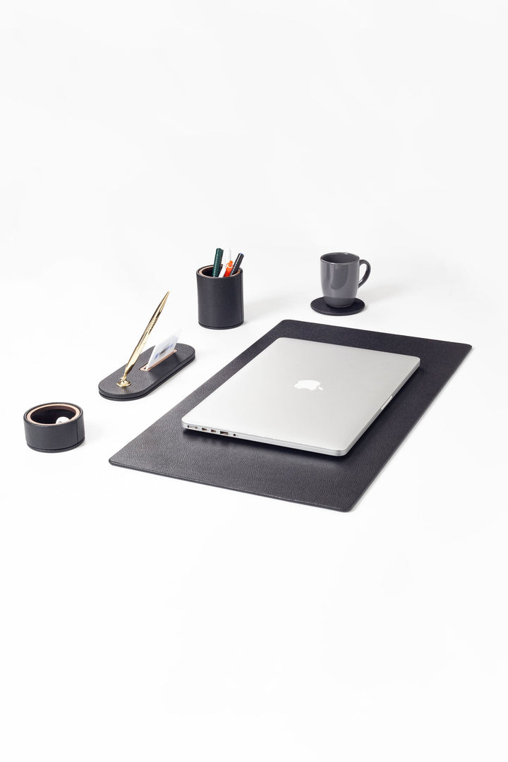 Polo Plus Leather Desktop Set Black 5 Pieces Wooden Detailed