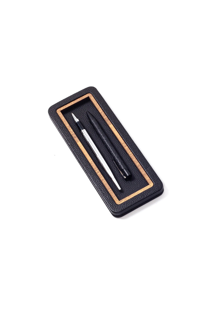 Desktop Leather Wood Detailed Horizontal Pen Holder