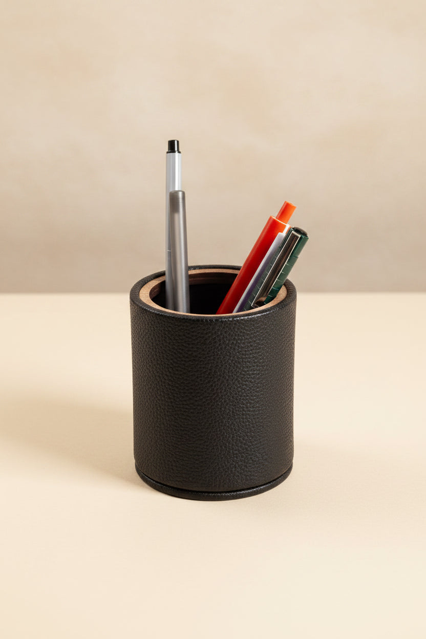 Desktop Leather Oval Wooden Detailed Pencil Holder Black