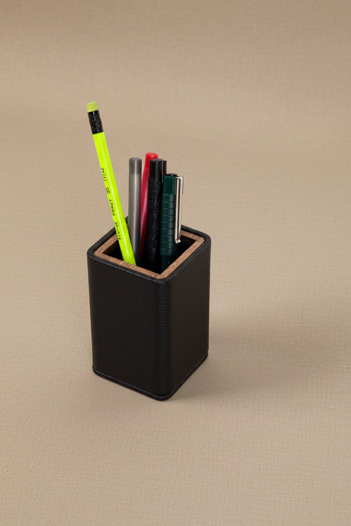 Desktop Small Wooden Detailed Pencil Holder Black