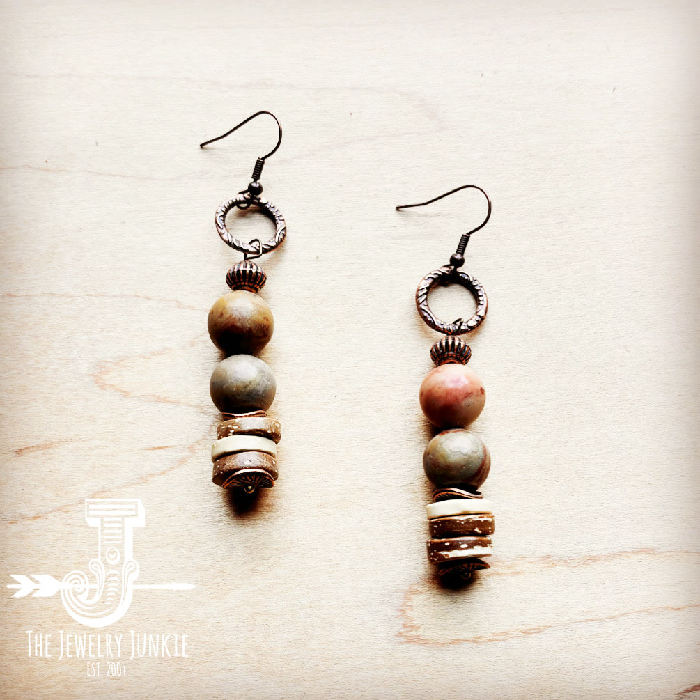 Wood and rainbow jasper bead drop earrings with circular hoop tops
