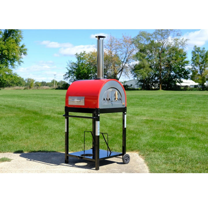 Red dual-fuel pizza oven on wheeled stand with tall chimney stack