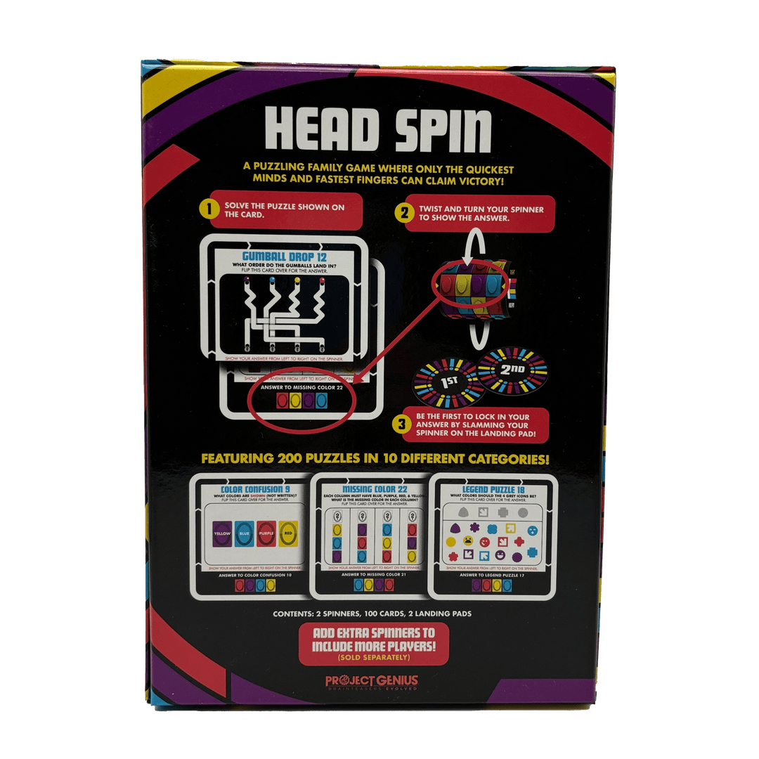 Head Spin board game box back with puzzle examples, spinners, and landing pads