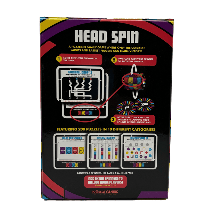 Head Spin board game box back with puzzle examples, spinners, and landing pads