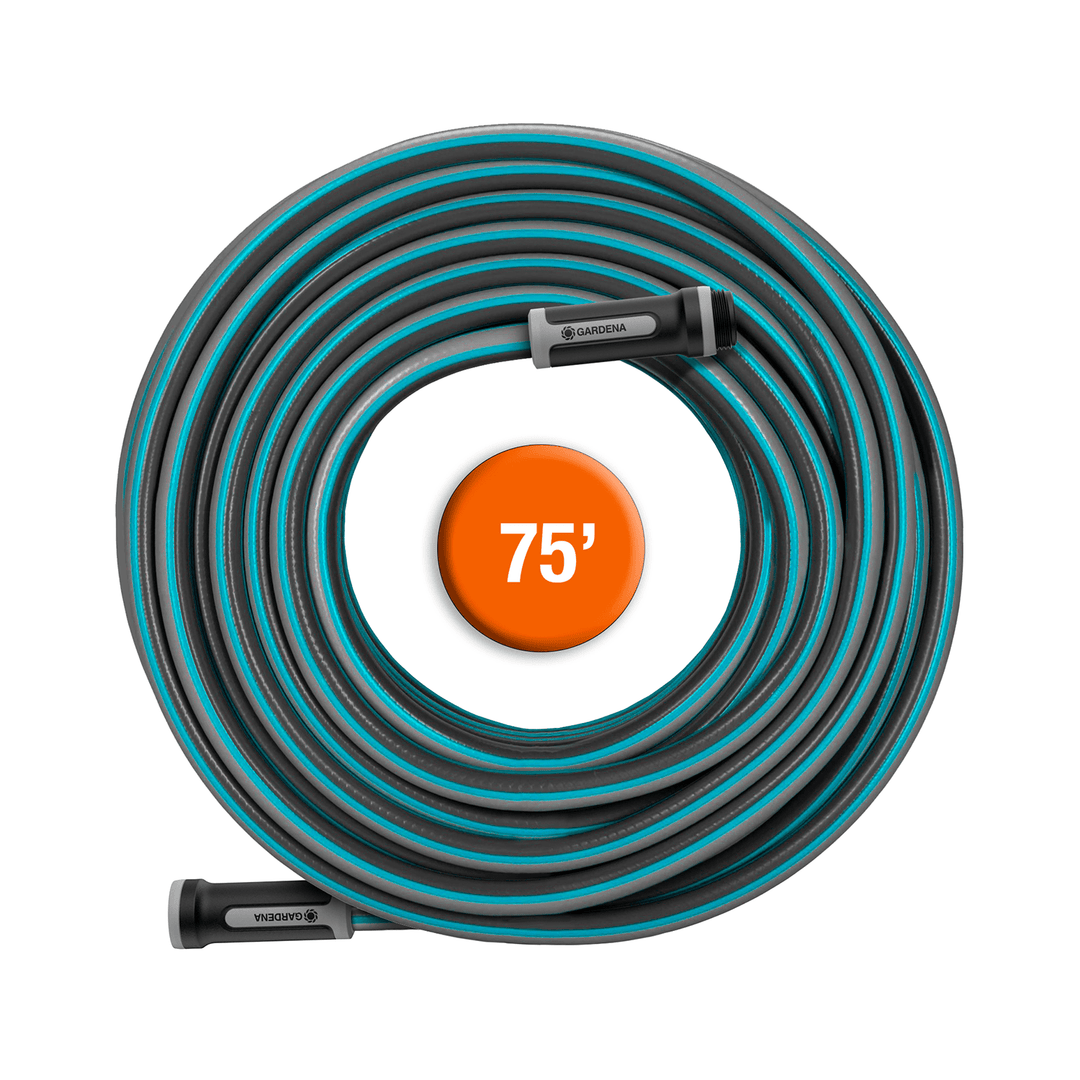 Coiled garden hose with blue/teal striped jacket and spray nozzle, 75 ft length