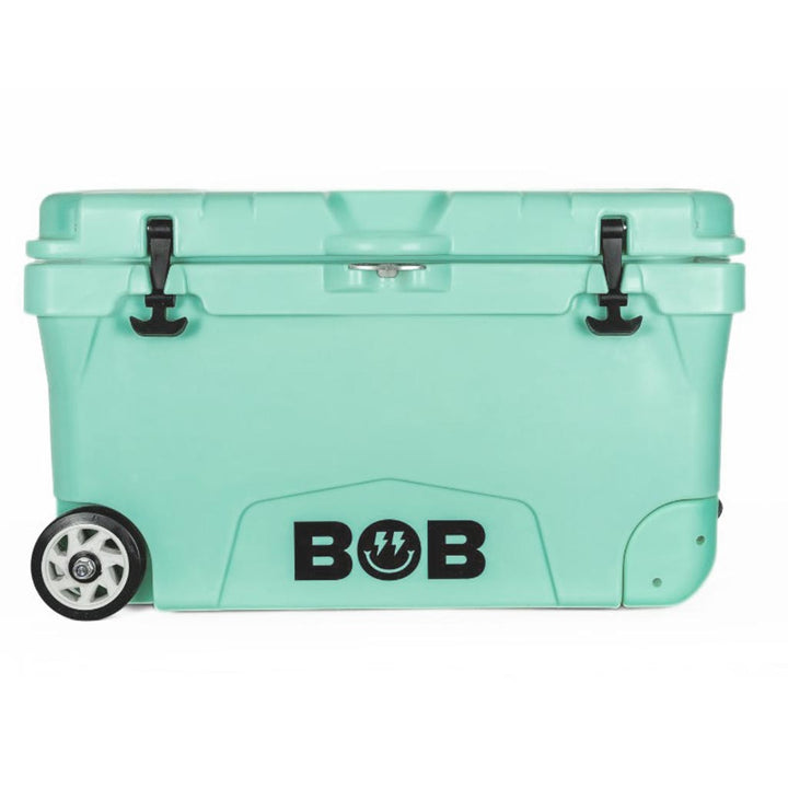 Palm green hard cooler with black BOB logo, latches, and wheels.