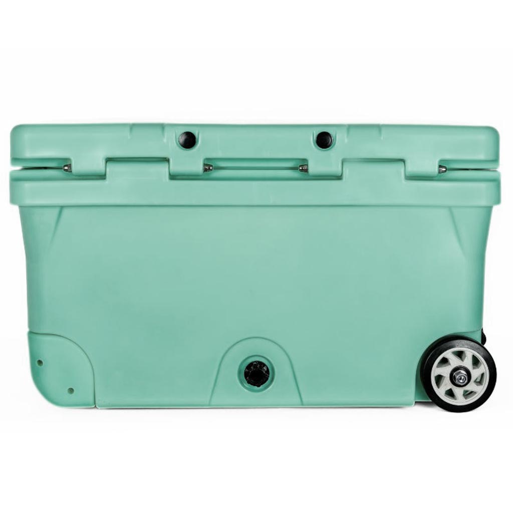 Palm green hard cooler side view with vent holes and caster wheel.