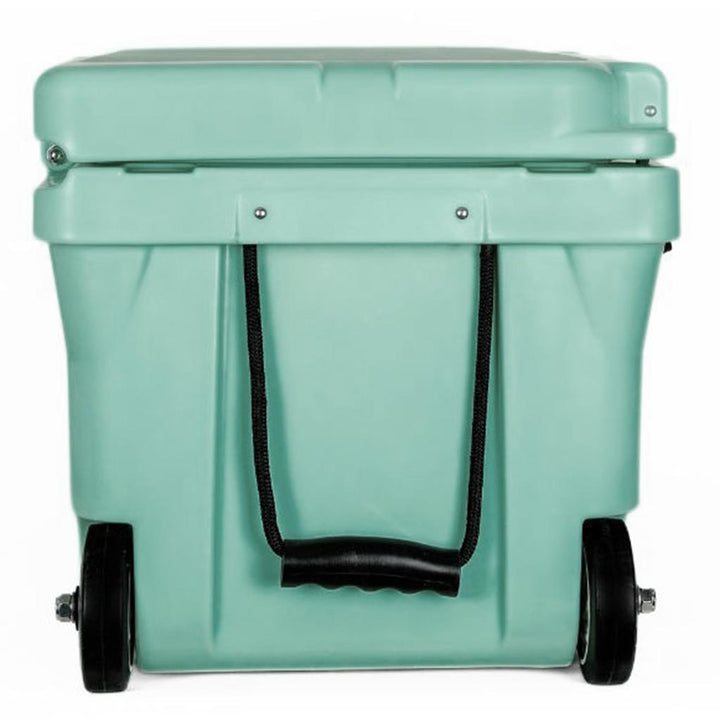 Palm green hard cooler with front carry handle straps and caster wheels.