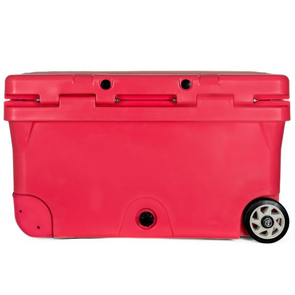Vice Red hard cooler side view with drain port and caster wheel