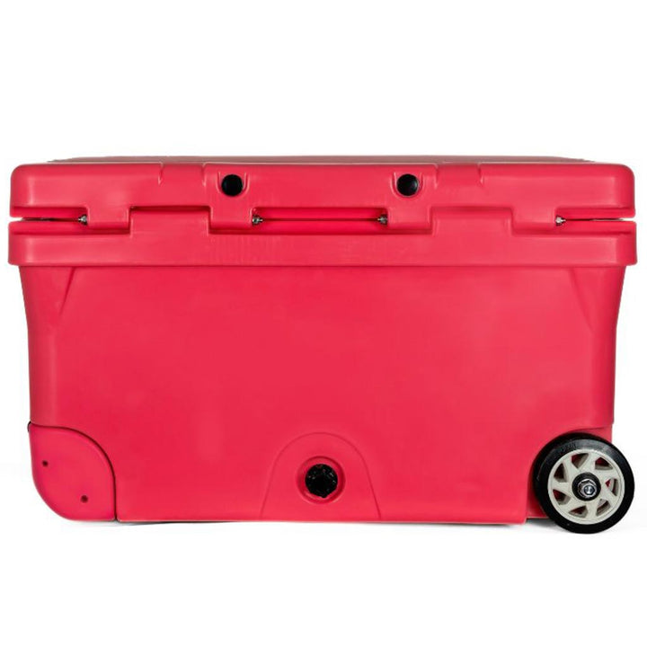 Vice Red hard cooler side view with drain port and caster wheel