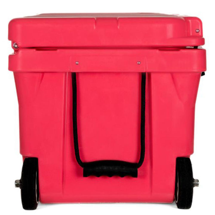 Vice Red hard cooler with front view of folded handle and caster wheels