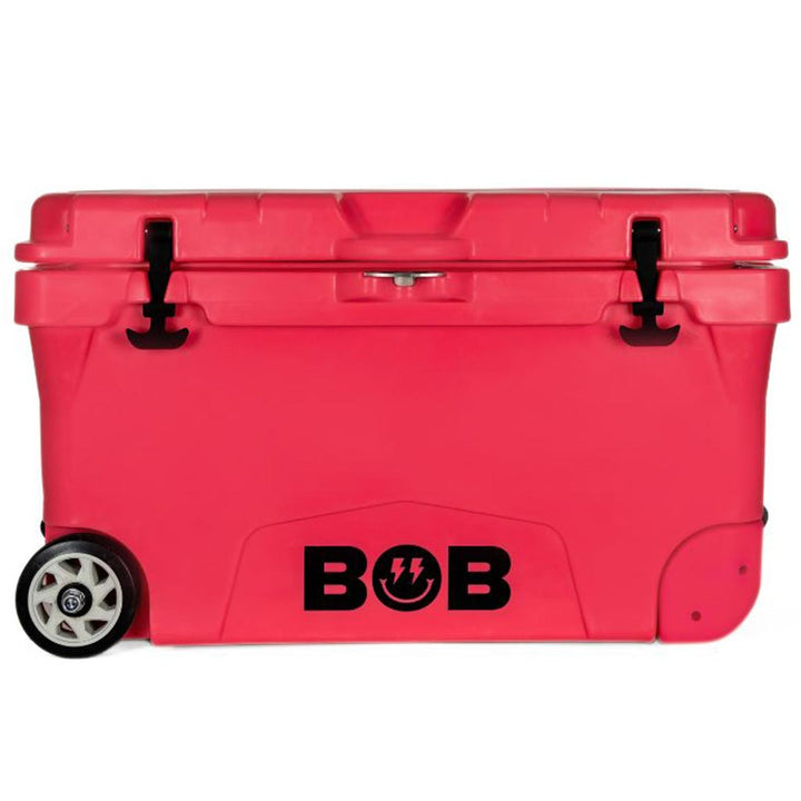 Vice Red hard cooler with BOB logo, caster wheels, and black latch posts