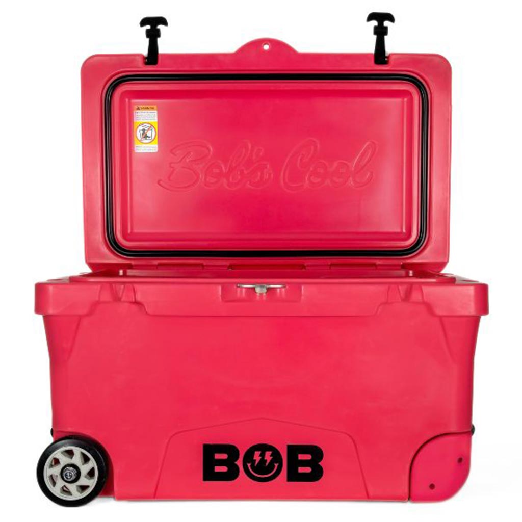 Vice Red hard cooler with lid open and Boss Cool embossed panel