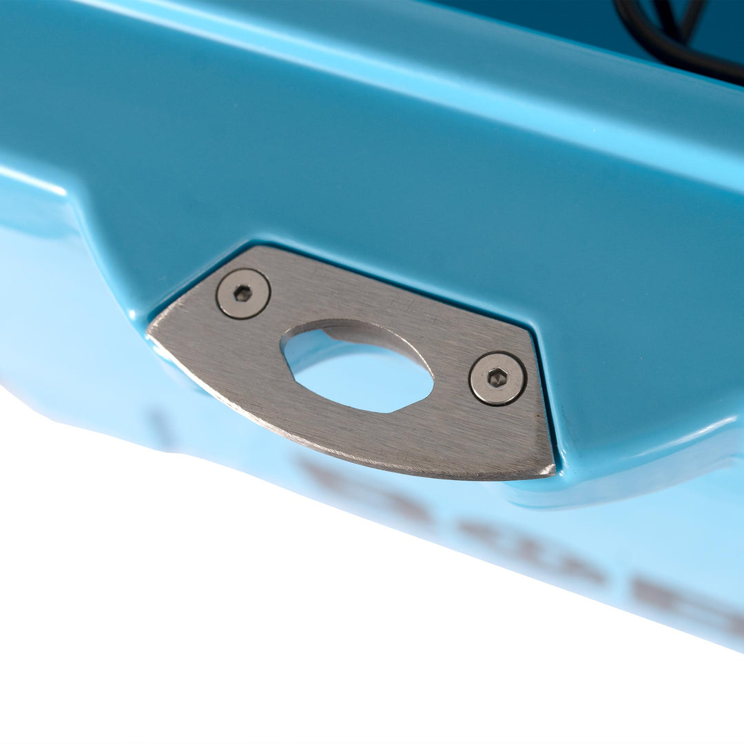 Cool blue hard cooler corner detail with metal plate and oval opening.