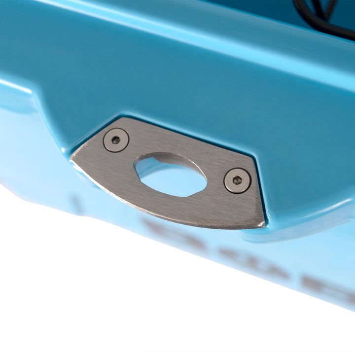 Cool blue hard cooler corner detail with metal plate and oval opening.