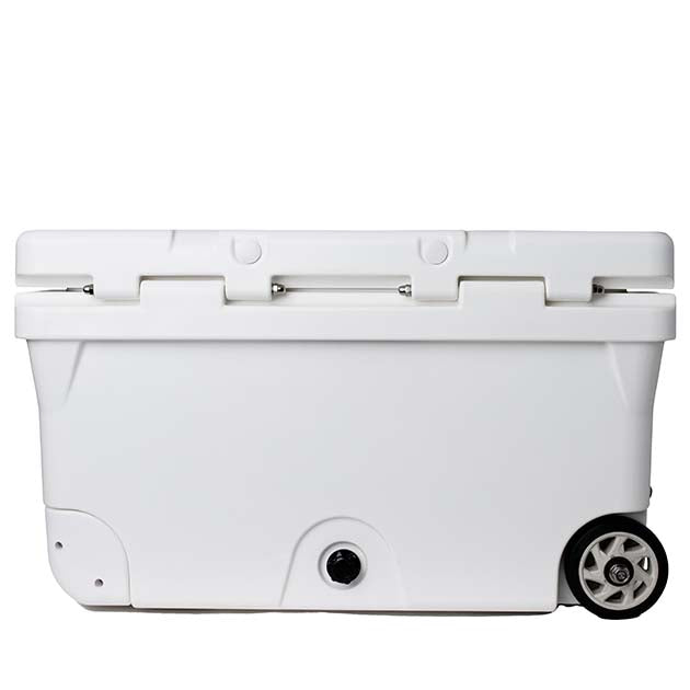 White hard cooler side view with round drain and caster wheel