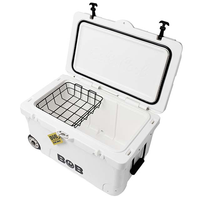 White hard cooler with lid open and removable wire basket, BOB branding