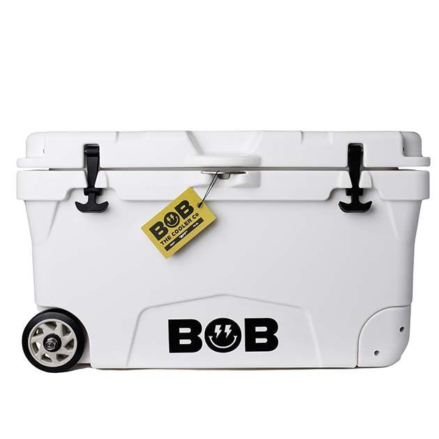 Brilliant White hard cooler with BOB logo, latches, and caster wheels