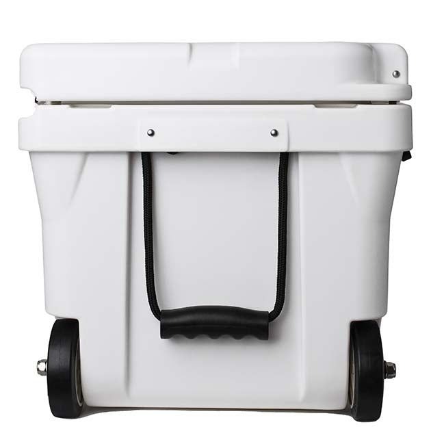 White hard cooler with fold-up handle and caster wheels