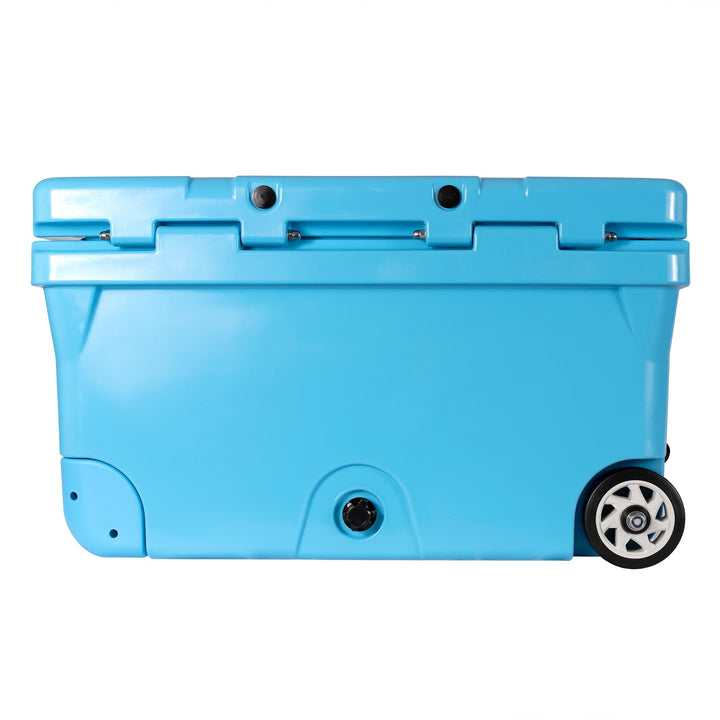 Cool blue hard cooler side view with drain port and caster wheel.