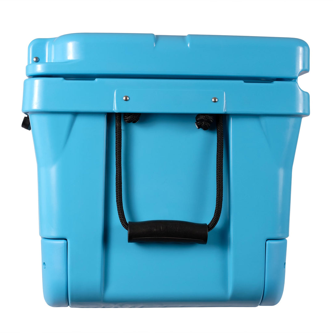 Cool blue hard cooler with open front handle straps and black pull tab.