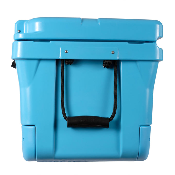Cool blue hard cooler with open front handle straps and black pull tab.