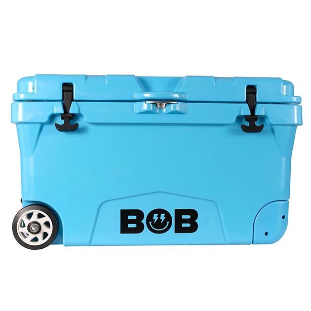 Cool blue hard cooler with black BOB logo, top latches, and wheels.