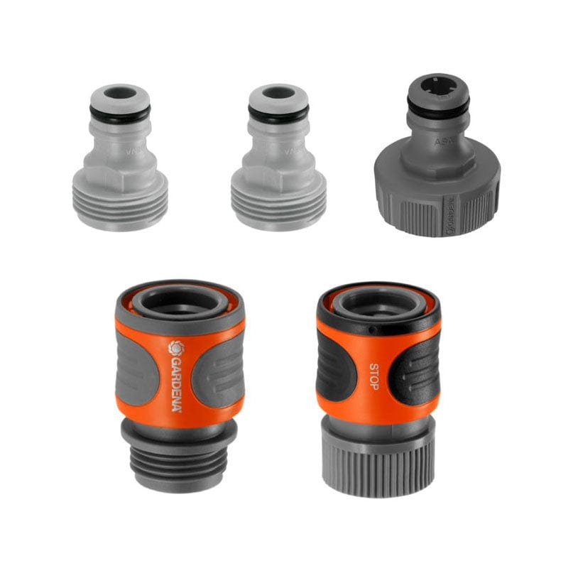 5-piece hose quick-connect fittings set with gray bodies and orange inserts