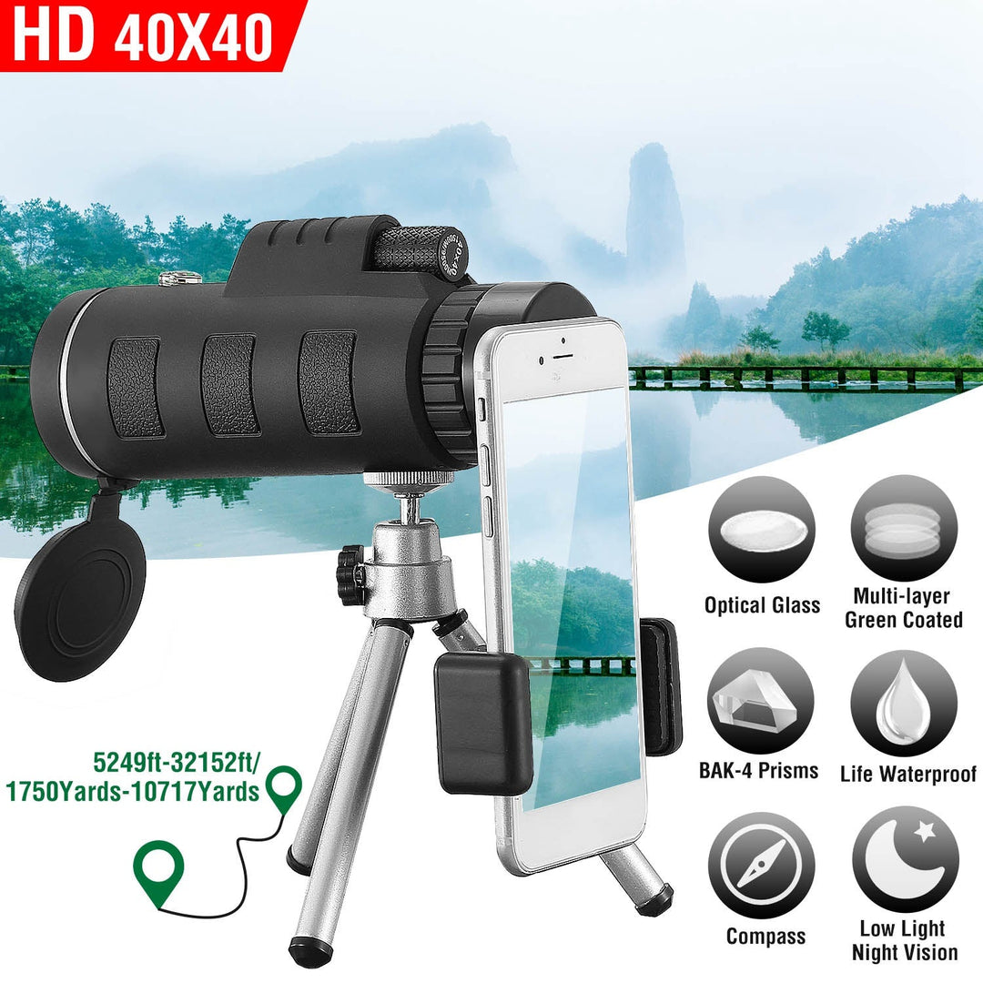 Black telescope monocular with smartphone mount and tripod, with large side lens cap.