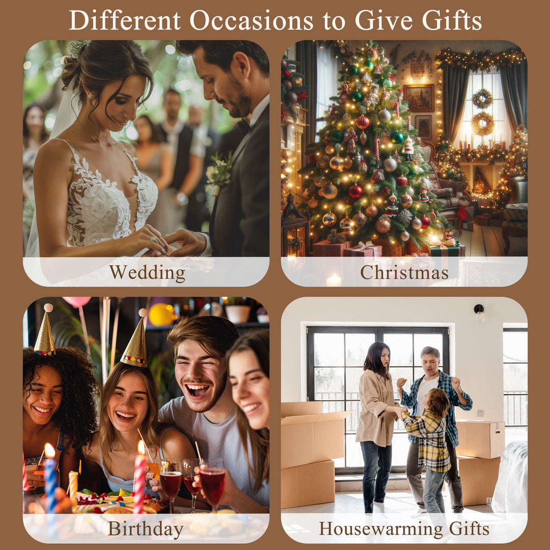 Gift occasion collage with panels for wedding, Christmas, birthday, and housewarming
