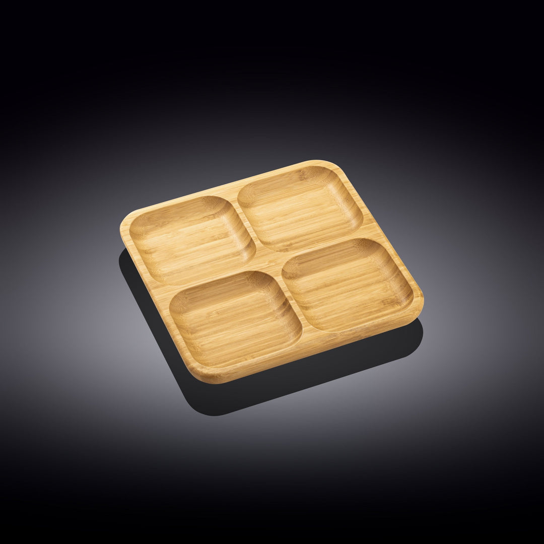 Four-compartment bamboo square bento dish, natural wood finish, empty