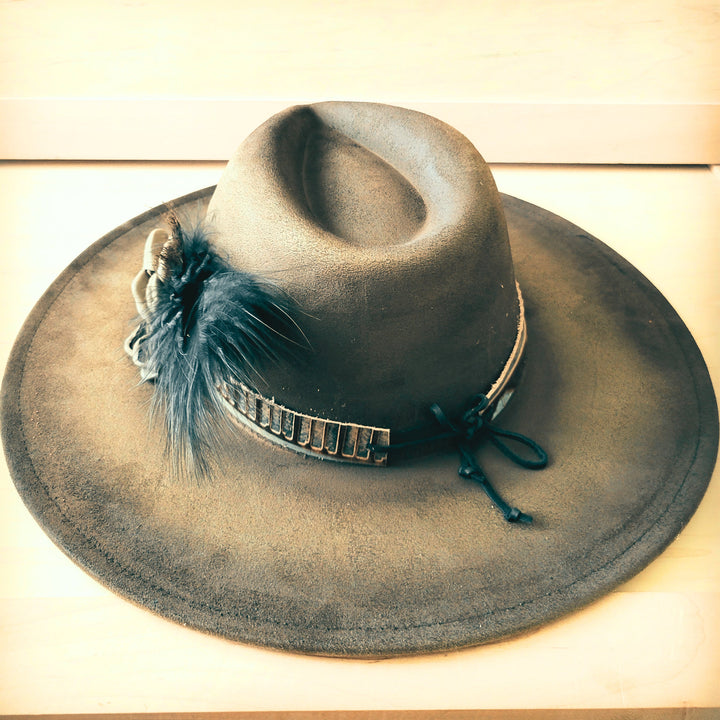 Distressed felt cowgirl hat, gray-olive, with feather plume and wrapped hatband