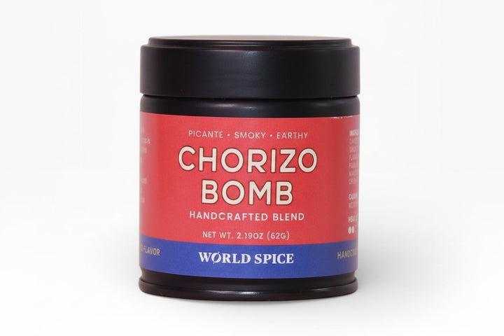 Chorizo Bomb spice blend jar with black lid and red label