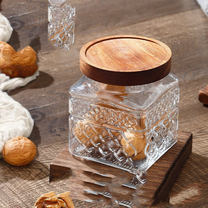 Etched Glass Storage Jar with Bamboo or Acacia Lid