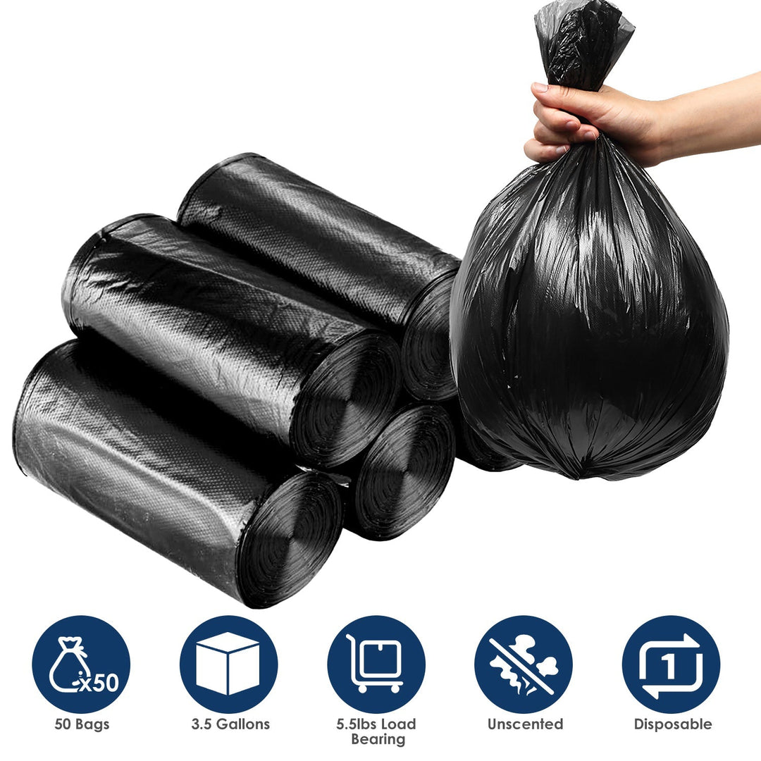 Black garbage bag rolls, hand holding tied liner, unscented disposable trash can liners