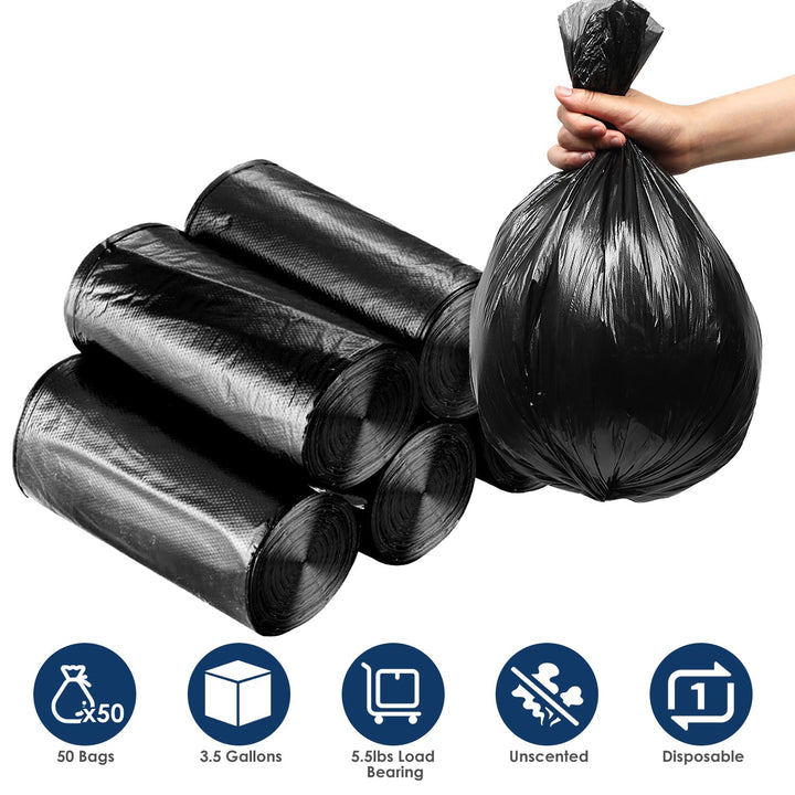 Black garbage bag rolls, hand holding tied liner, unscented disposable trash can liners