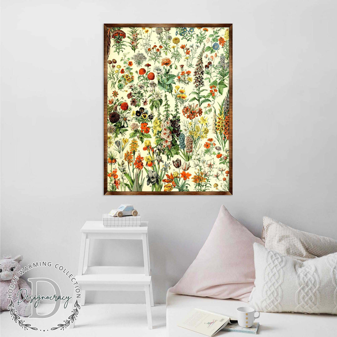 Floral educational poster with dense plant illustration and dark wooden frame