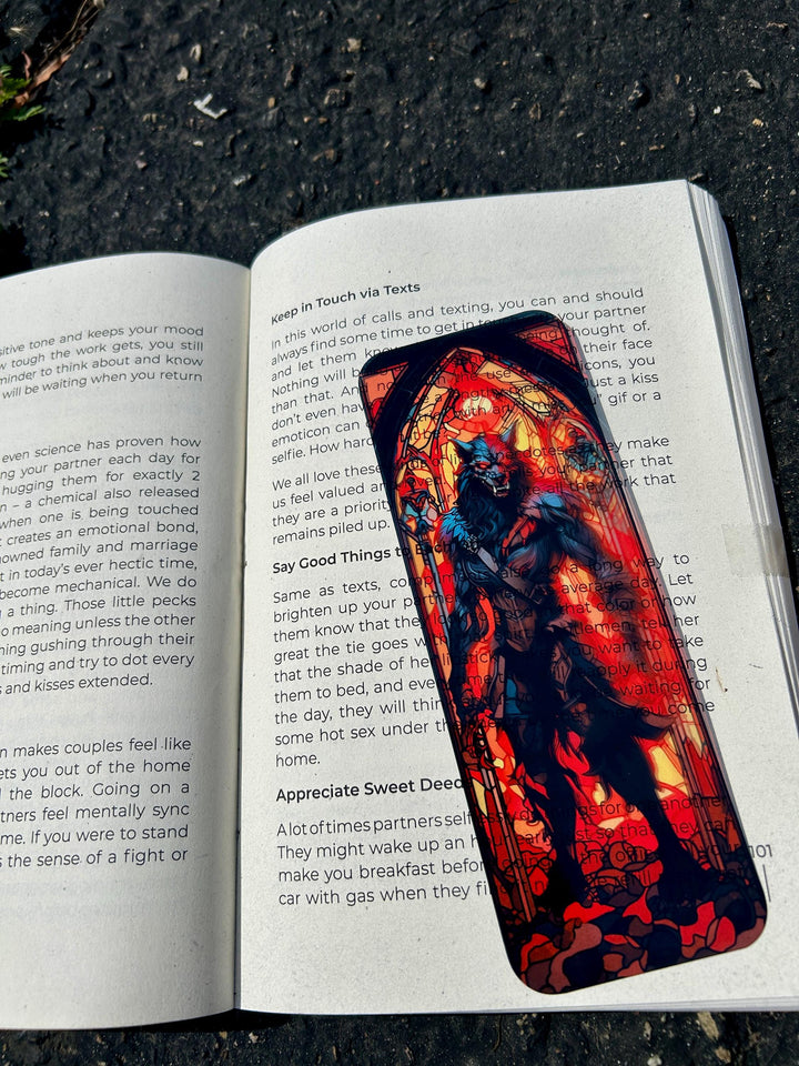 Demon werewolf bookmark with hooded beast silhouette, red-blue stained-glass design