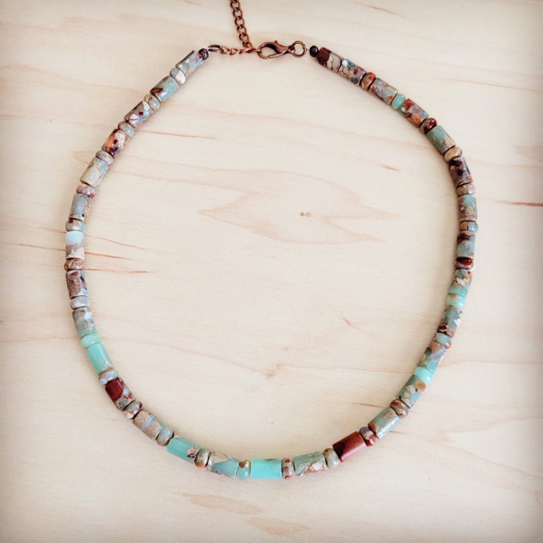 Turquoise and multicolor barrel beaded collar necklace with copper chain