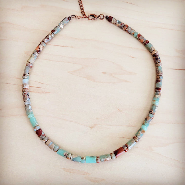 Turquoise and multicolor barrel beaded collar necklace with copper chain