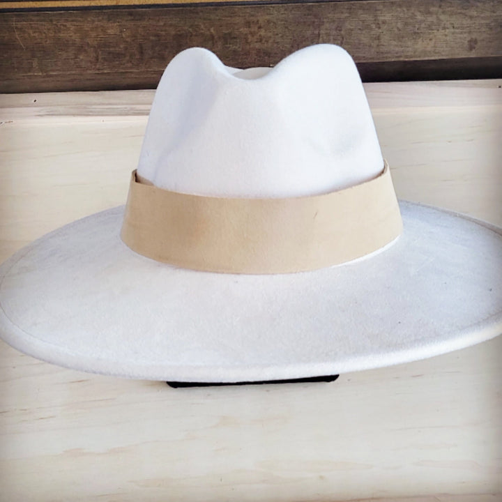 Wide-brim felt hat with tan suede band and dark double leather trim