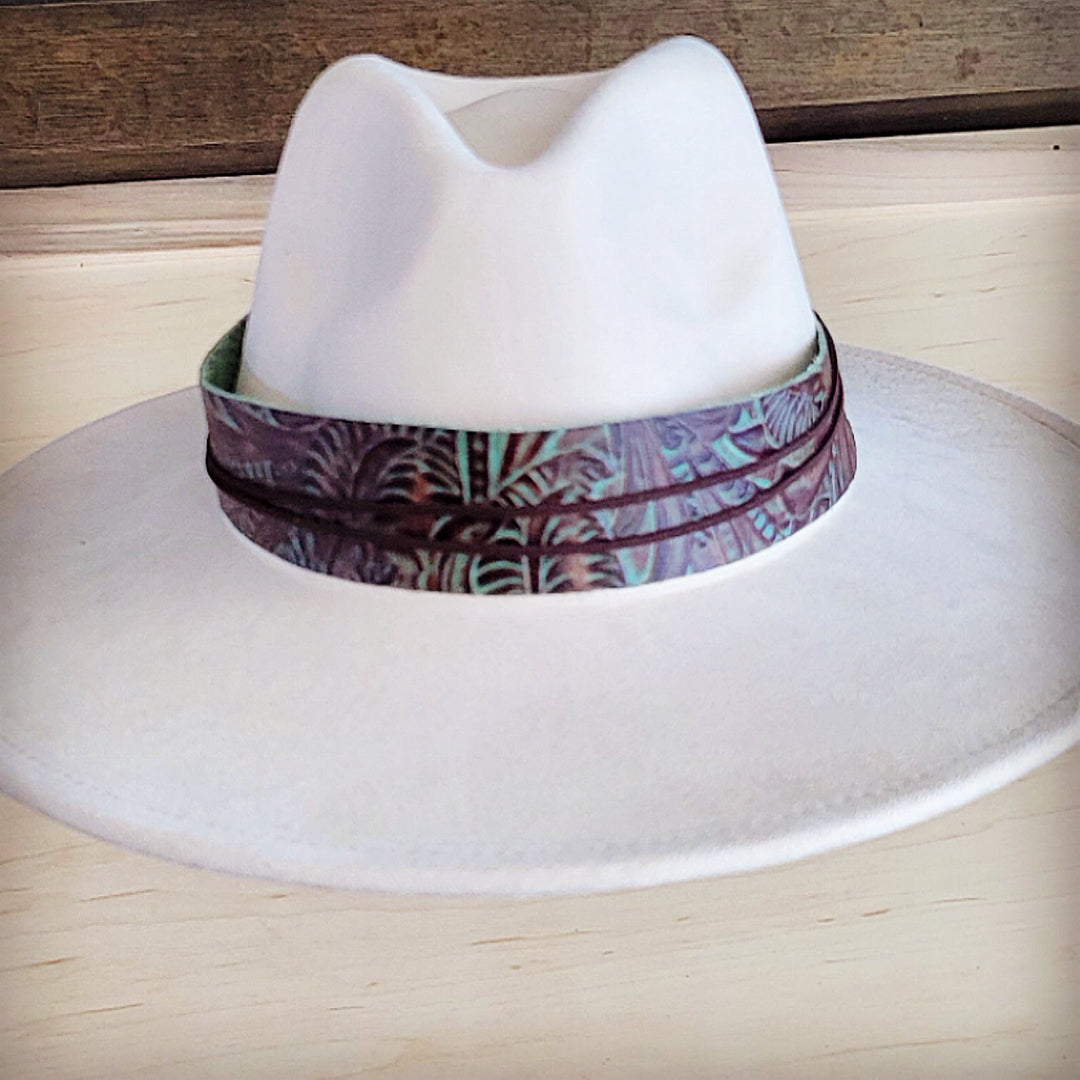 Wide genuine leather hat band with purple floral pattern and dark brown edges