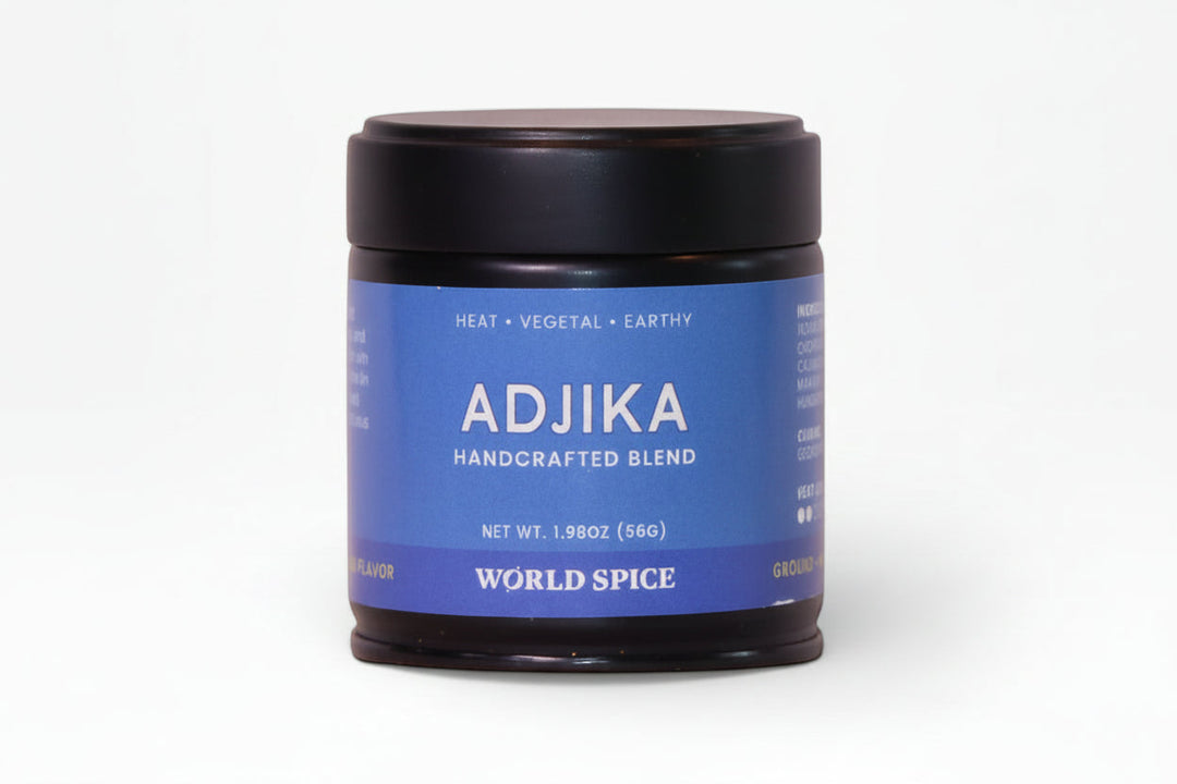 Adjika seasoning jar with black lid and blue label, net wt 1.9 oz