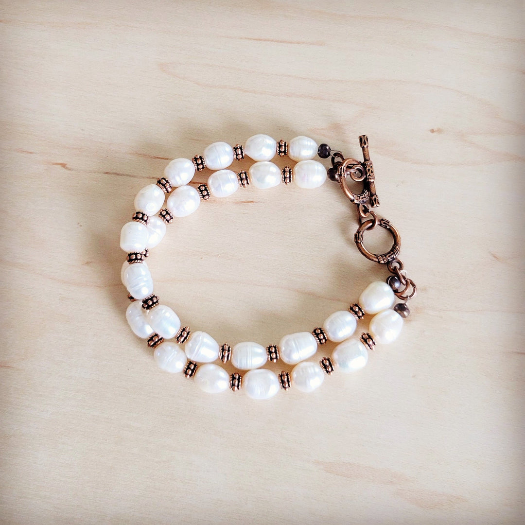 Freshwater pearl and copper beaded double-strand bracelet with lobster clasp and link chain