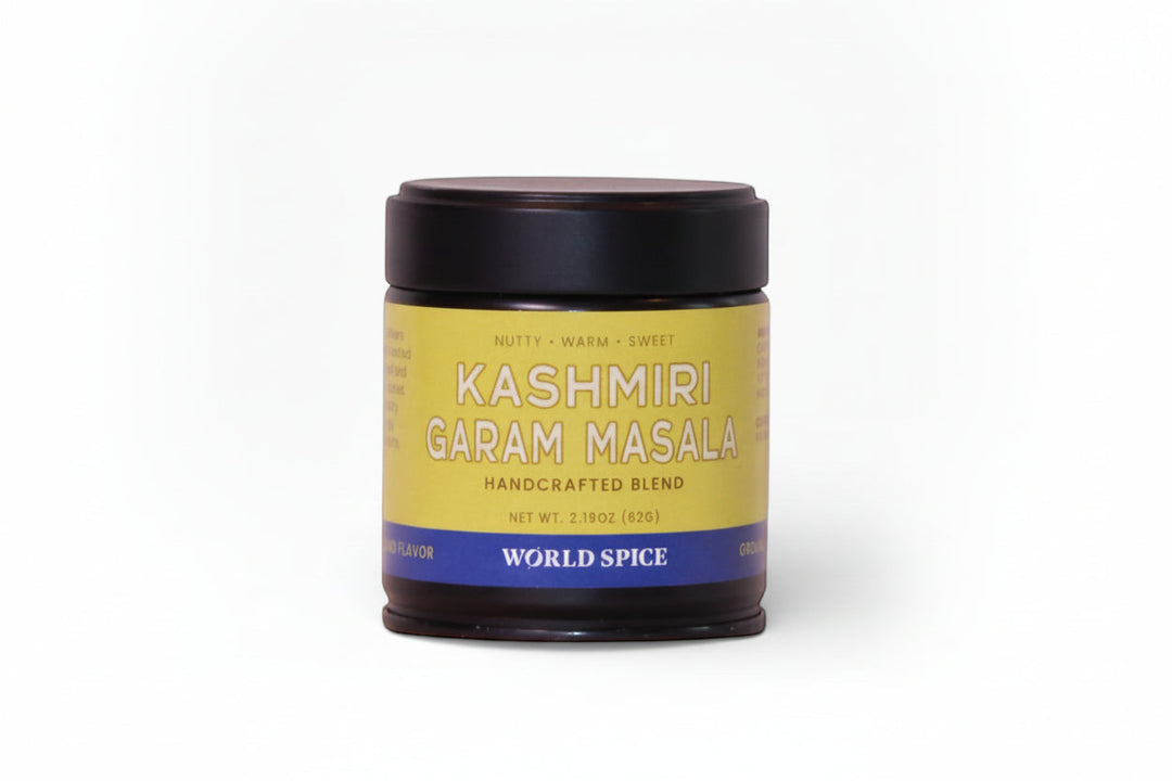 Jar of Kashmiri garam masala spice blend with black lid